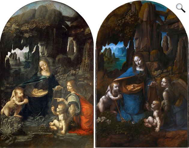 Leonardo da Vinci: A sziklás Madonna, 1483, Louvre és Leonardo da Vinci: A sziklás Madonna, 1491-99, National Galery London (Fotók: Wikiart)