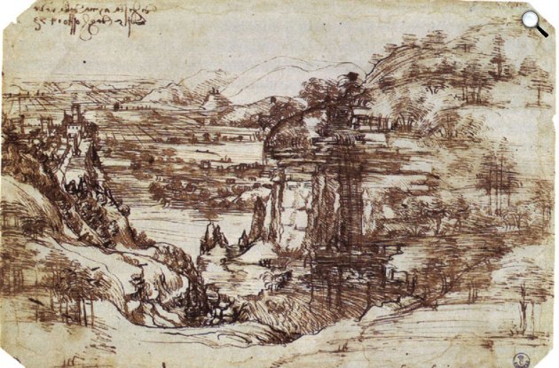 Leonardo da Vinci: Toszkán tájkép vizsgálata, a legkorábbi ismert rajza az Arno-völgyről, 1473 (Fotó: Uffizi képtár/Wikimédia)