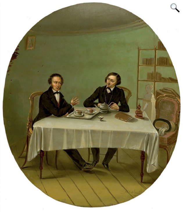 Nyikolaj Aleszejeev: Alekszandr Szergejevics Puskin és Nyikolaj Vasziljevics Gogol egy asztalnál, 1881 (Fotó: Wikimédia)