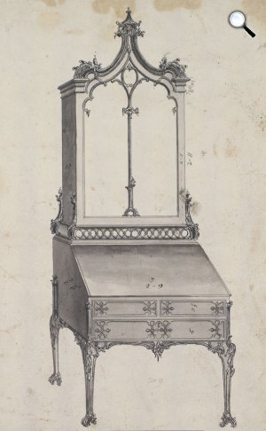 Thomas Chippendale 1753-as kombinált íróasztal és könyvespolc rajza (Fotó: metmuseum.org)