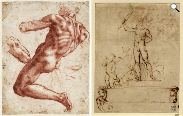 Michelangelo Buonarroti: Akttanulmány, c. 1511 (Fotó: © Teylers Museum, Haarlem) és Raffaello Santi: Kompozícióvázlat ünnepi dekorációhoz, c. 1508–1509 (Fotó: Szépművészeti Múzeum)