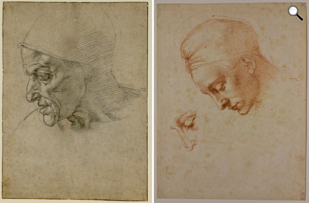 Michelangelo Buonarroti: Fejtanulmány a küméi Szibillához, 1508–1510 (Fotó: © Musei Reali/Biblioteca Reale, Torino) ás Michelangelo Buonarroti: Fejtanulmány, c. 1529–1530 (Fotó: © Associazione MetaMorfosi, Roma)