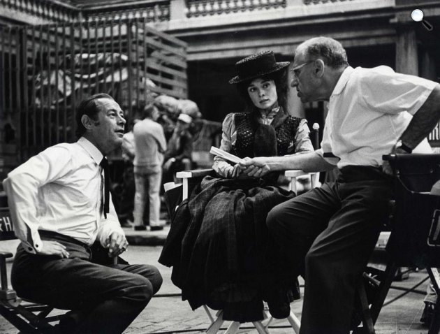 My Fair Lady forgatása - Rex Harrison, Audrey Hepburn és George Cukor, 1964 (Fotó: Pinterest)