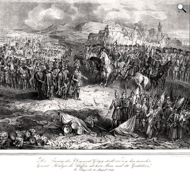 Johann Schönberg: Görgey Artúr leteszi a fegyvert Rüdiger előtt a Világos melletti szöllősi síkon, 1849. augusztus 13. (Fotó: OSZK)