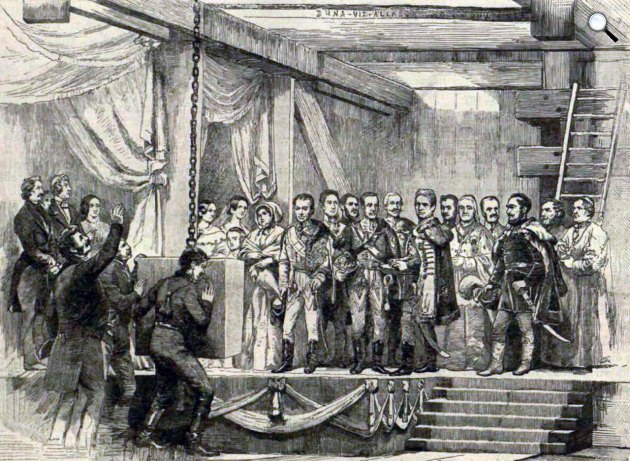 A Lánchíd alapkő-letétele 1842. augusztus 24. Részlet Barabás Miklós egykorú festményéről (Fotó: Vasárnapi Ujság, 1891/OSZK)