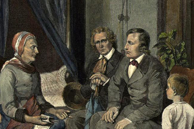 Grimm fivérek, Jacob Grimm (1785-1863) és Wilhelm Grimm (1786-1859) mesegyűjtők és nyelvtudósok - rajz egy macskakövön, részlet (Fotó: grimms.de)