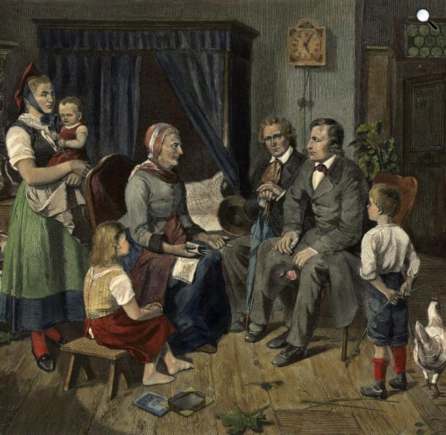 Grimm fivérek, Jacob Grimm (1785-1863) és Wilhelm Grimm (1786-1859) mesegyűjtők és nyelvtudósok - rajz egy macskakövön (Fotó: grimms.de)