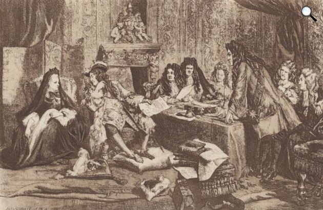 Saint-Simon: XIV. Lajos király Madame de Maintenon kegyencnővel beszélget egy konferencián (Fotó: Saint-Simon emlékiratai/gutenberg.org)