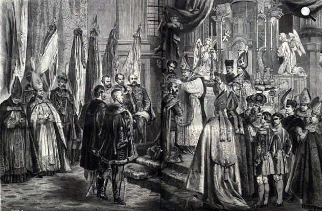 I. Ferenc József megkoronáztatása, 1867. június 8-án. Az esztergomi érsek és gróf Andrássy Gyula őfelsége fejére teszik a koronát (Fotó: Vasárnapi Ujság/OSZK)