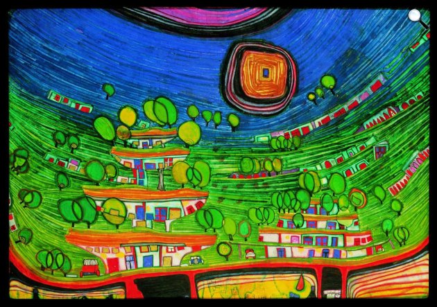 Friedensreich Hundertwasser: A rét alján lógó házak (Fotó: hundertwasser.com)