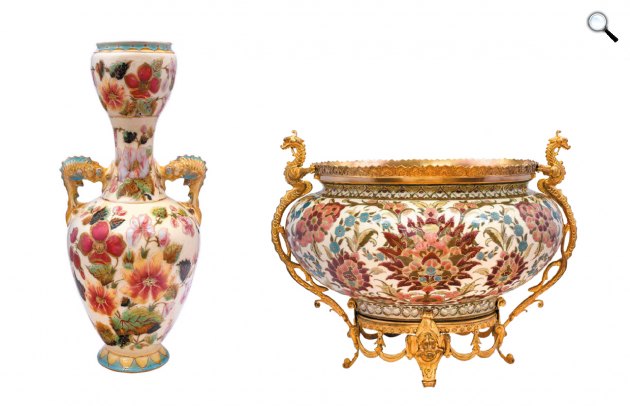 Zsolnay historizáló vázák, magastűzű mázas, aranykontúros festés, 1880-90 körül (Fotók: Virág Judit Galéria)