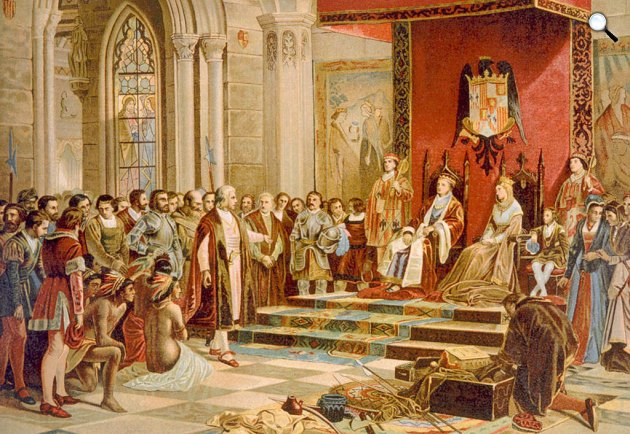 Aragóniai Ferdinánd király és Kasztíliai Izabella királynő fogadta Kolumbusz Kristófot Barcelonában 1492-ben (Fotó: Wikimédia)