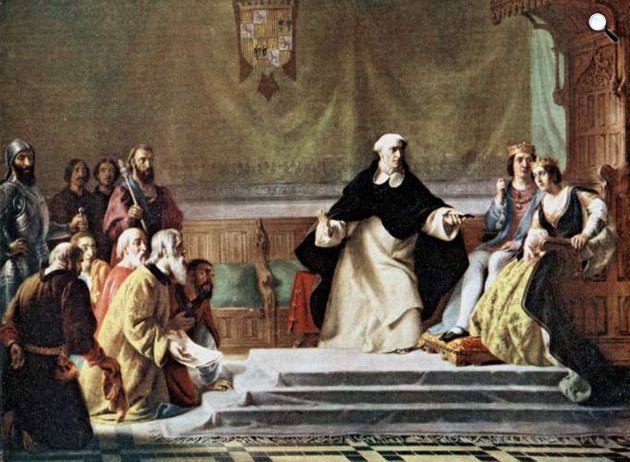 Solomon A. Hart: A spanyol inkvizíció, spanyol zsidók II Ferdinánd király és Kasztíliai Izabella királynő és Tomás de Torquemada nagy inkvizítor előtt Spanyolországban (Fotó: Wikimédia)