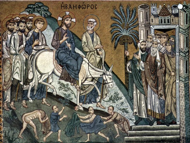 Jézus Krisztus bevonulása Jeruzsálembe, mozaik Palermóban, 1150 (Fotó: Wikimédia)