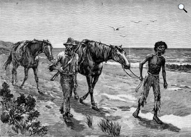 Samuel Calvert: Edward John Eyre angol utazó és felfedező és szolgája, Wylie útja Albany felé, metszet, 1891 (Fotó: Wikimédia)