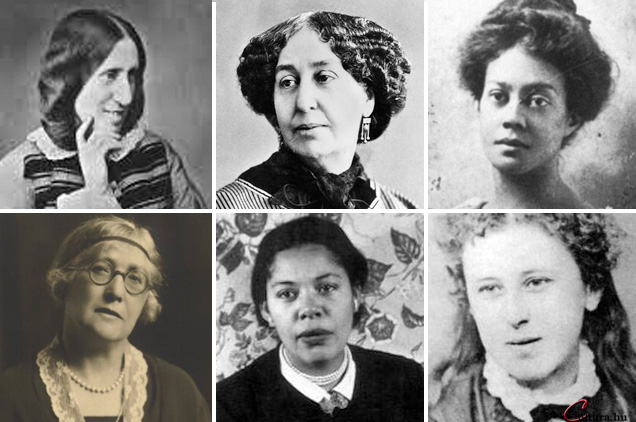 fent: Mary Ann Evans (George Eliot), Amantine Aurore Dupin (George Sand), Alice Dunbar Nelson (Monroe Wright), lent: Mary Bright (George Egerton), Ann Petry (Petri Arnold), Violet Paget (Vernon Lee) írónők (Fotó: Wikimedia, cultura.hu)