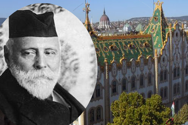 Lechner Ödön (1845-1914) építész, háttérben: Postatakarékpénztár Hold utcai épülete (Fotó: OSZK, Wikimédia, cultura.hu)
