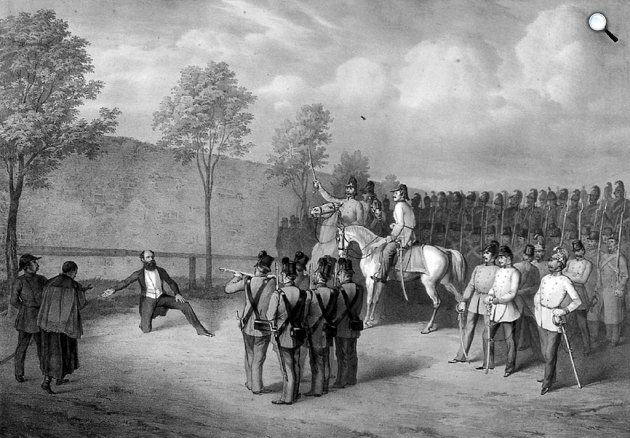 Batthyány Lajos (1807-1849)  államférfi, Magyarország első alkotmányos miniszterelnökének kivégzése az Újépület udvarán, 1849 (Fotó: MEK/OSZK)