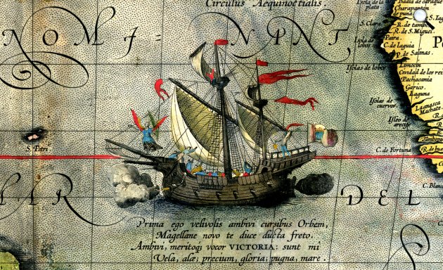 Victoria hajó, Ferdinand Magellan flottájának egyetlen hajója, amely befejezi a körutazást. Részlet Ortelius térképéről, 1590 (Fotó: Wikimédia)