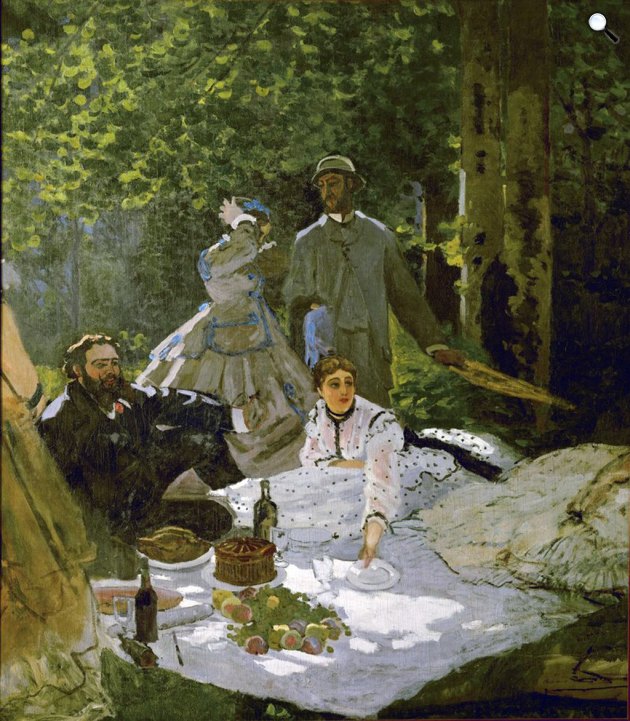 Clalude Monet: Ebéd a fűben, 1865-1866 -  Gustave Courbet, Frédéric Bazille és Camille Doncieux, Monet első felesége (Fotó: Musée dOrsay/Wikimédia)