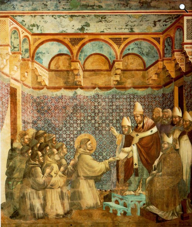 Giotto di Bondone: III. Ince elfogadja Assisi Szent Ferencnek a ferences rend alapítójának szabályzatát, 1295 (Fotó: Wikimédia)