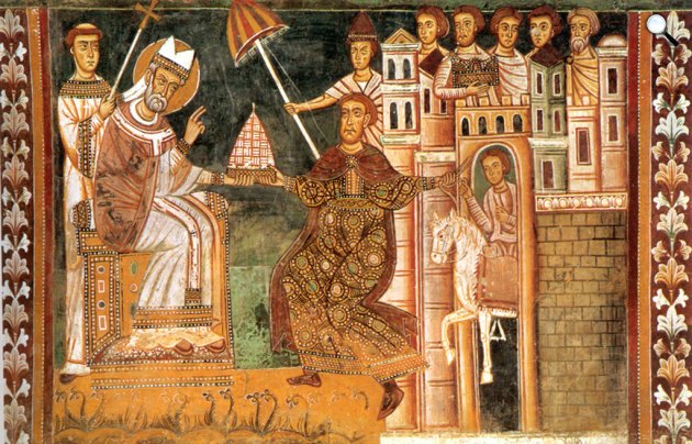 I. Szilveszter pápa és (Nagy) Konstantin császár, 1247-es freskón, Róma (Fotó: Wikimédia)