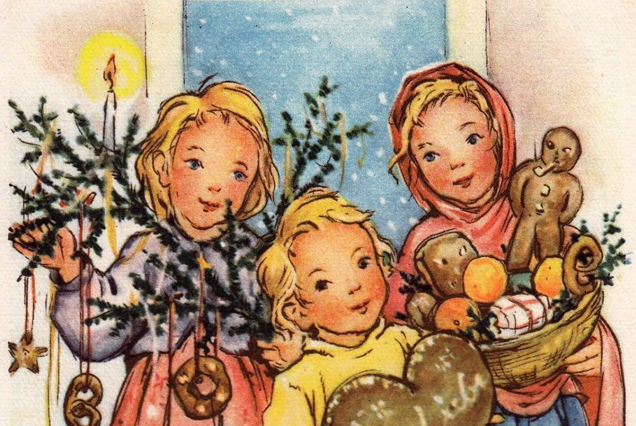 Német karácsonyi üdvözlőlap - mézeskalács, puszedli, édesség a képeslapon (Fotó: Pinterest)