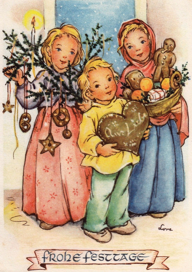 Német karácsonyi üdvözlőlap - mézeskalács, puszedli, édesség a képeslapon (Fotó: Pinterest)