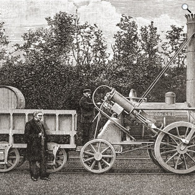 George Stephenson (1781-1848) angol mérnök, a vasúti gőzvontatás úttörője a Rocket mozdony mellett, 1829 (Fotó: Wikimédia)