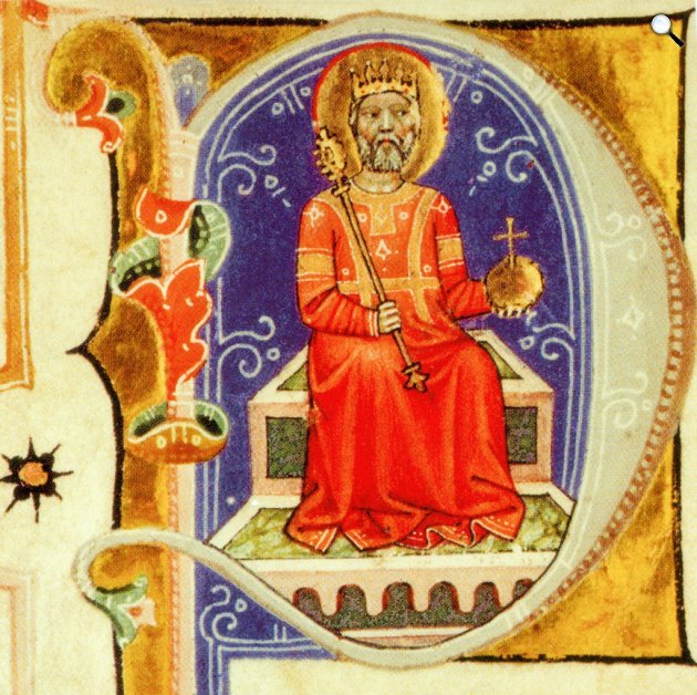Szent István (kb. 969-1038) a trónon a koronázási jelvényekkel. A Képes krónika, XIV. szd. (Fotó: OSZK)