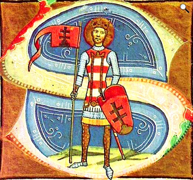 Szent István (kb. 969-1038) király a koronával, címereként a kettős kereszt (crux gemina) lett feltüntetve, Képes krónika, XIV. szd. (Fotó: OSZK)