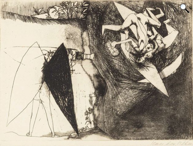 Kondor Béla: Angyalok bukása, 1957, grafika (BÁV