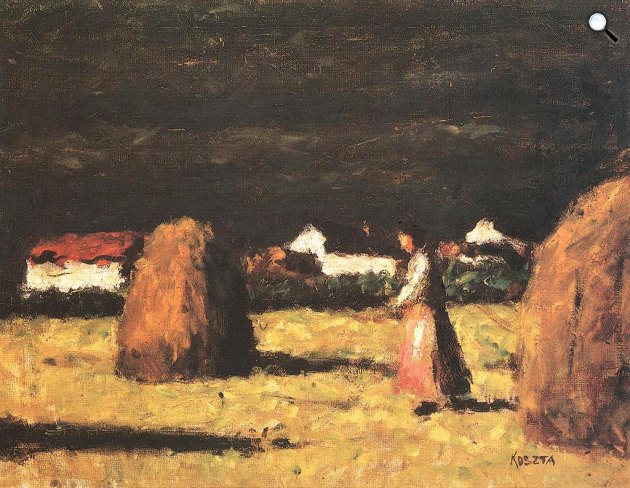 Koszta József: Tanya boglyákkal, rózsaszín kötényes nővel, 1930-as évek (Fotó: MNG)