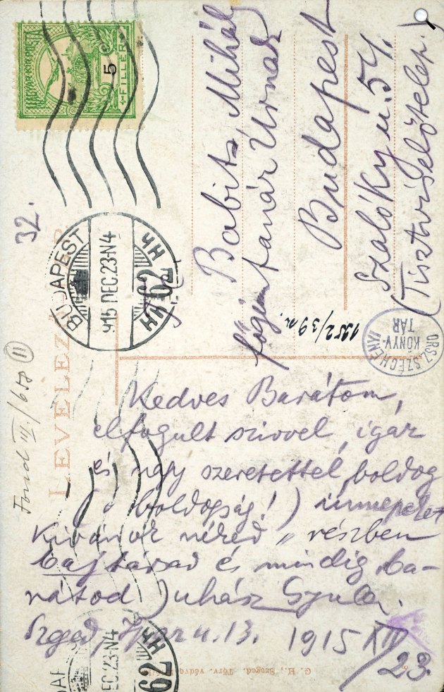 Juhász Gyula képeslapja Babits Mihályhoz, 1915 (Fotó: OSZK)