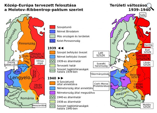 Közép-Európa tervezett felosztása és a megvalósulás a Molotov-Ribbentrop-paktum szerint 1939–1940-ben (Fotó: Tomeczek/Wikimédia)