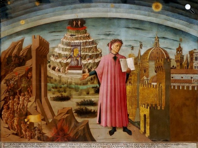 Domenico di Michelino: Az Isteni színjátékot kezében tartó Dante, freskó, 1465 (Fotó: Wikimédia)