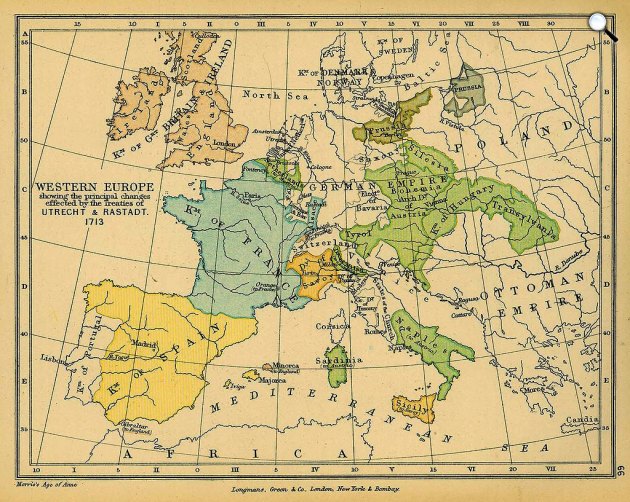 Nyugat-Európa térképe Utrecht és Rastatt után, 1714 (Fotó: Wikimédia)