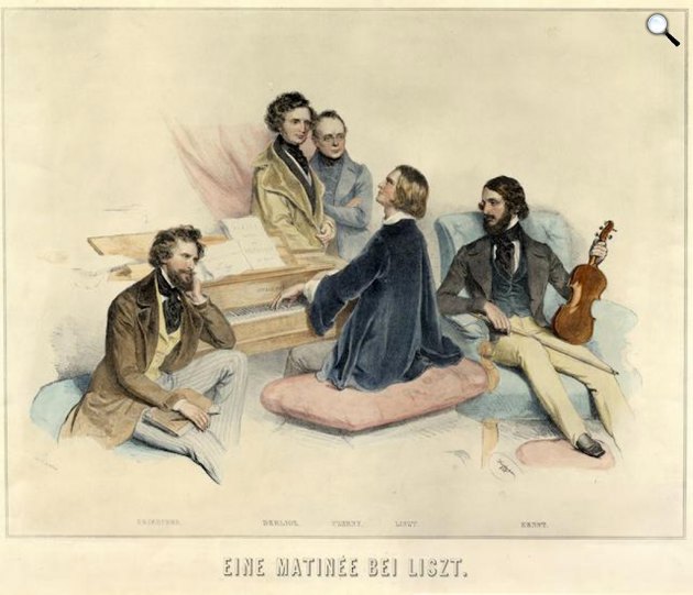 Kriehuber Josef: Liszt Ferenc zongorázik (körülötte Berlioz, Czerny, Ernst és Kriehuber), 1846 (Fotó: MNM/europeana.eu)