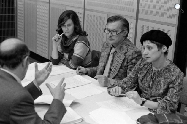 Sunyovszky Szilvia, Agárdy Gábor és Csűrös Karola színművészek a Magyar Rádióban, 1978 (Fotó: Fortepan/Szalay Zoltán)