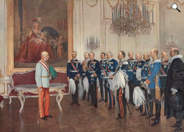 Franz von Matsch: I. Ferenc József császárt köszönti a német konföderáció küldöttsége a schönbrunni kastélyban, 1908 (Fotó: Dorpotherum)
