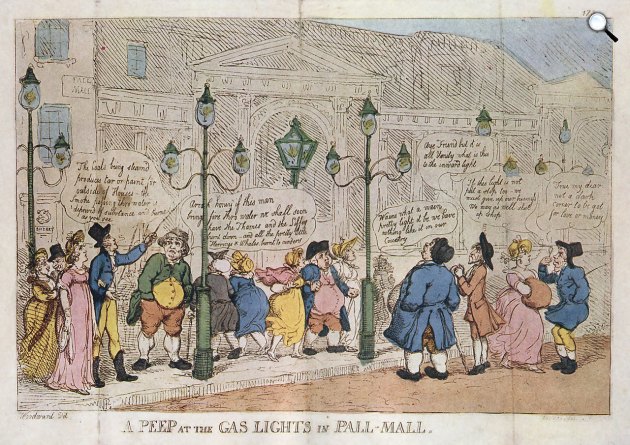 Thomas Rowlandson: A járókelők rácsodálkoznak az új gázvilágításra, London, 1809 (Fotó: karikatúra, Wikimédia)
