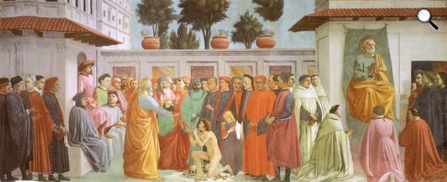 Masaccio: Theophilus fiának feltámasztása, (Masaccio önarcképével - jobbról a harmadik,), 1427 (Fotó: Wikimedia)