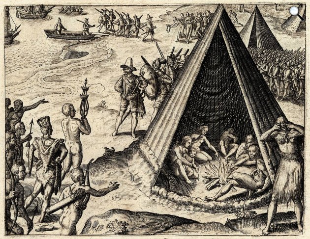 Theodor de Bry: Sir Francis Drake (1540-1596) partraszállása Kaliforniában, 1590 (Fotó: Wikimédia)