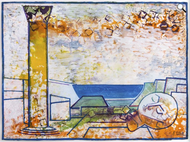 Francoise Gilot: Tájkép oszloppal és lehullott fejjel, 1966 (Fotó: Várfok Galéria)