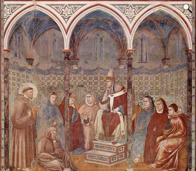Giotto: Freskóciklus Assisi Szent Ferenc életéről, jelenet: Szent Ferenc prédikációja III. Honorius pápa előtt, 1296-1298 (Fotó: Assisi/Wikimédia)