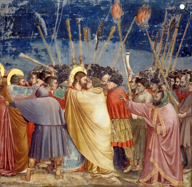Giotto di Bondone Júdás csókja, Scrovegni kápolna, 1304-1306 (Fotó: Wikimédia)