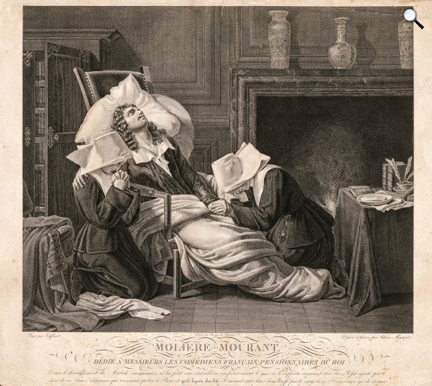 Vafflard - Migneret: Molière, Jean-Baptiste Poquelin (1622-1673), drámaíró, rendező és színész, a modern komédia megteremtőjének halála (Fotó: Theater Museum Vienna)