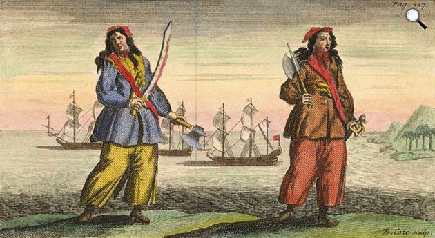 Benjamin Cole metszete: Ann Bonny (1697(?)-1782) és Mary Read (1685-1721) a leghíresebb női kalózok, 1724 (Fotó: Wikimédia)
