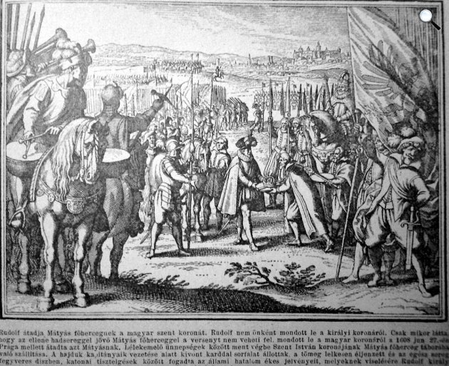 II. Rudolf német-római császár átadja a koronát Mátyás főhercegnek, 1608, Prága mellett (Fotó: J. L. Gottfried/Tolnai világtörténelem/Wikimédia)