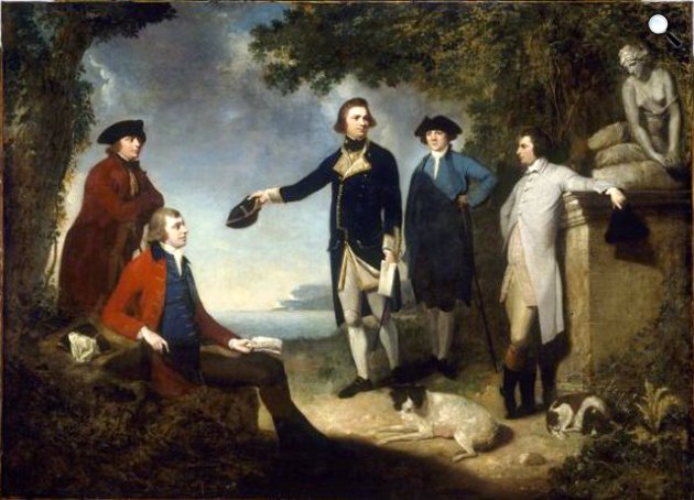 John Hamilton Mortimer: James Cook kapitány, Sir Joseph Banks, Lord Sandwich, dr. Daniel Solander és dr. John Hawkeswort, 1771 (Fotó: Wikimédia)